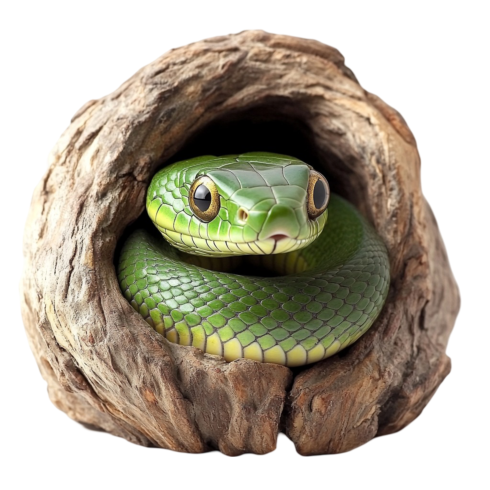 Hyperrealistic Close-Up of Green Snake in Driftwood png