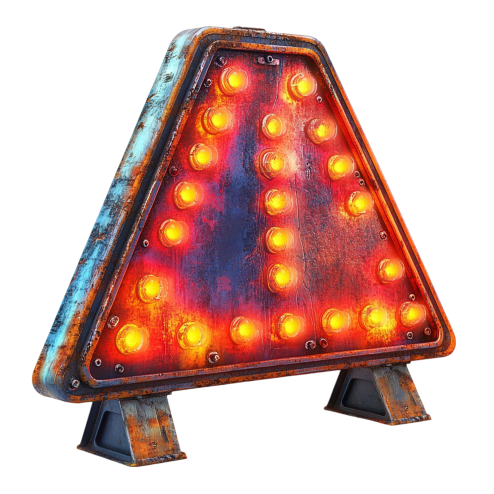 Rusty Triangular Sign with Glowing Lights png