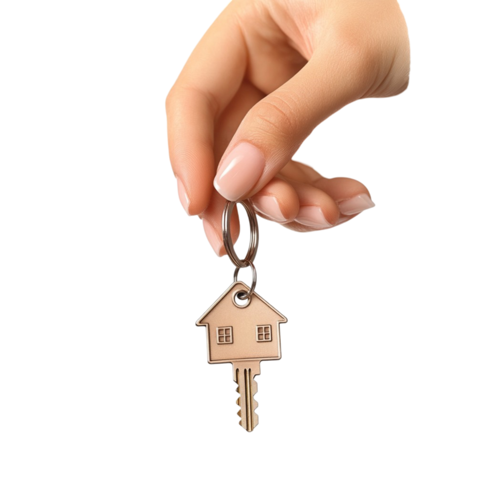 Hand Holding Gold House Key with a Miniature House Keychain png
