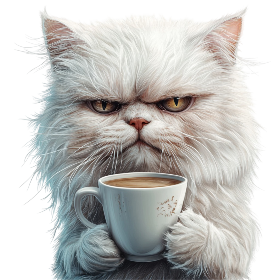 Grumpy White Cat Holding a Coffee Cup png