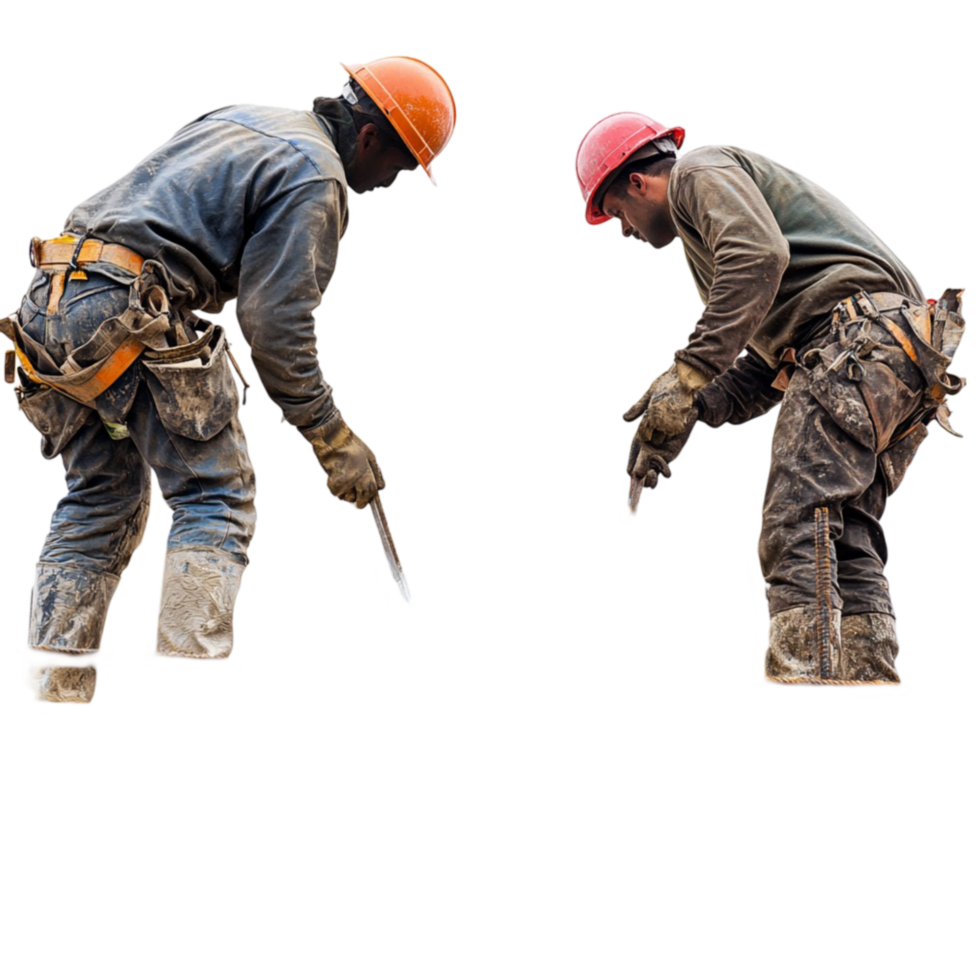 Two Construction Workers in Hard Hats with Tools on Transparent Background png