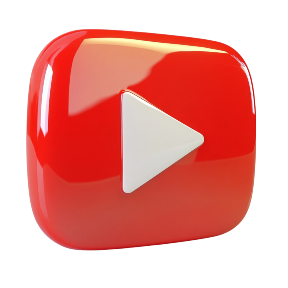 3D model of a YouTube play button with a vibrant red finish and raised white arrow png