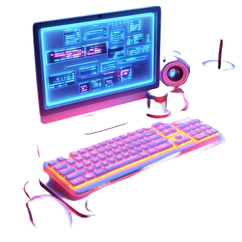 Neon-Aesthetic Computer Setup with Vibrant Colors png