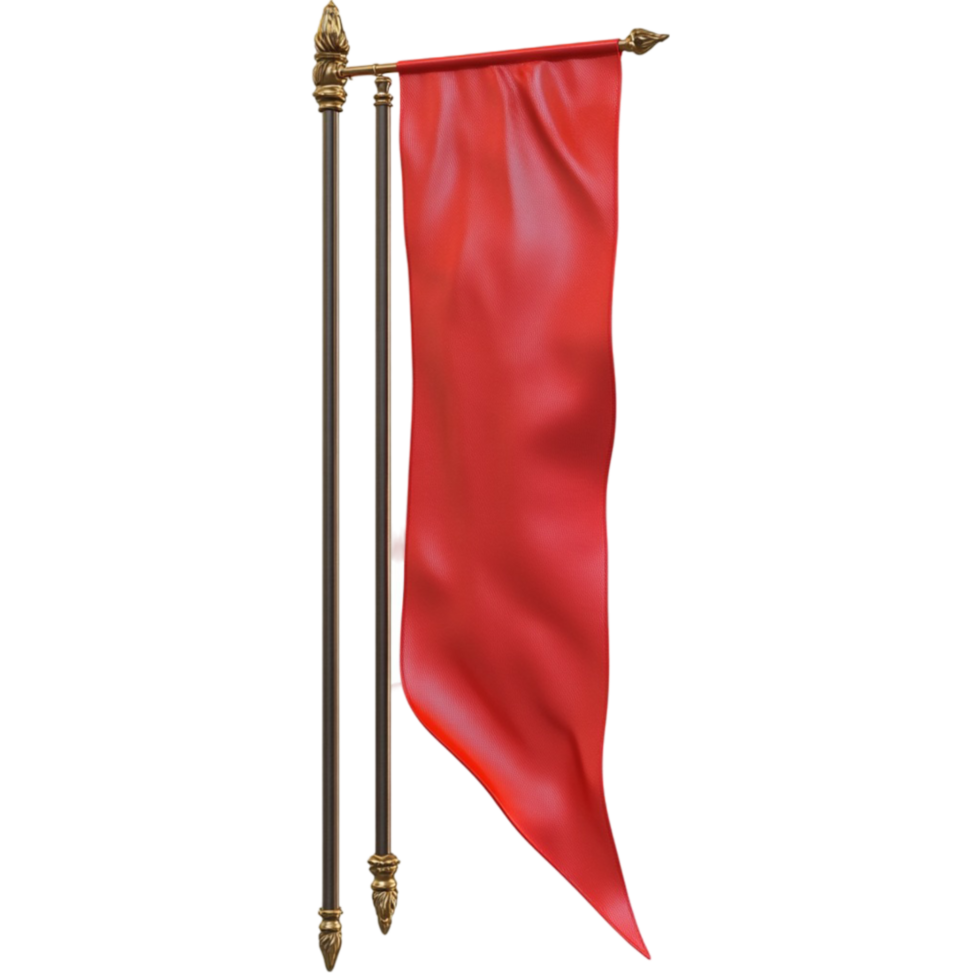 Red flag on ornate metallic flagpole with transparent background png