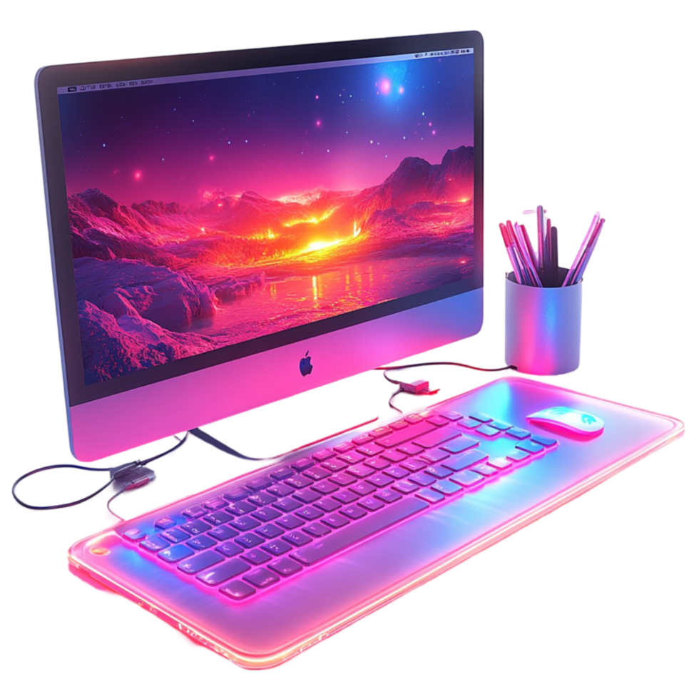 Computer Setup with Vibrant Landscape and Glowing Keyboard png