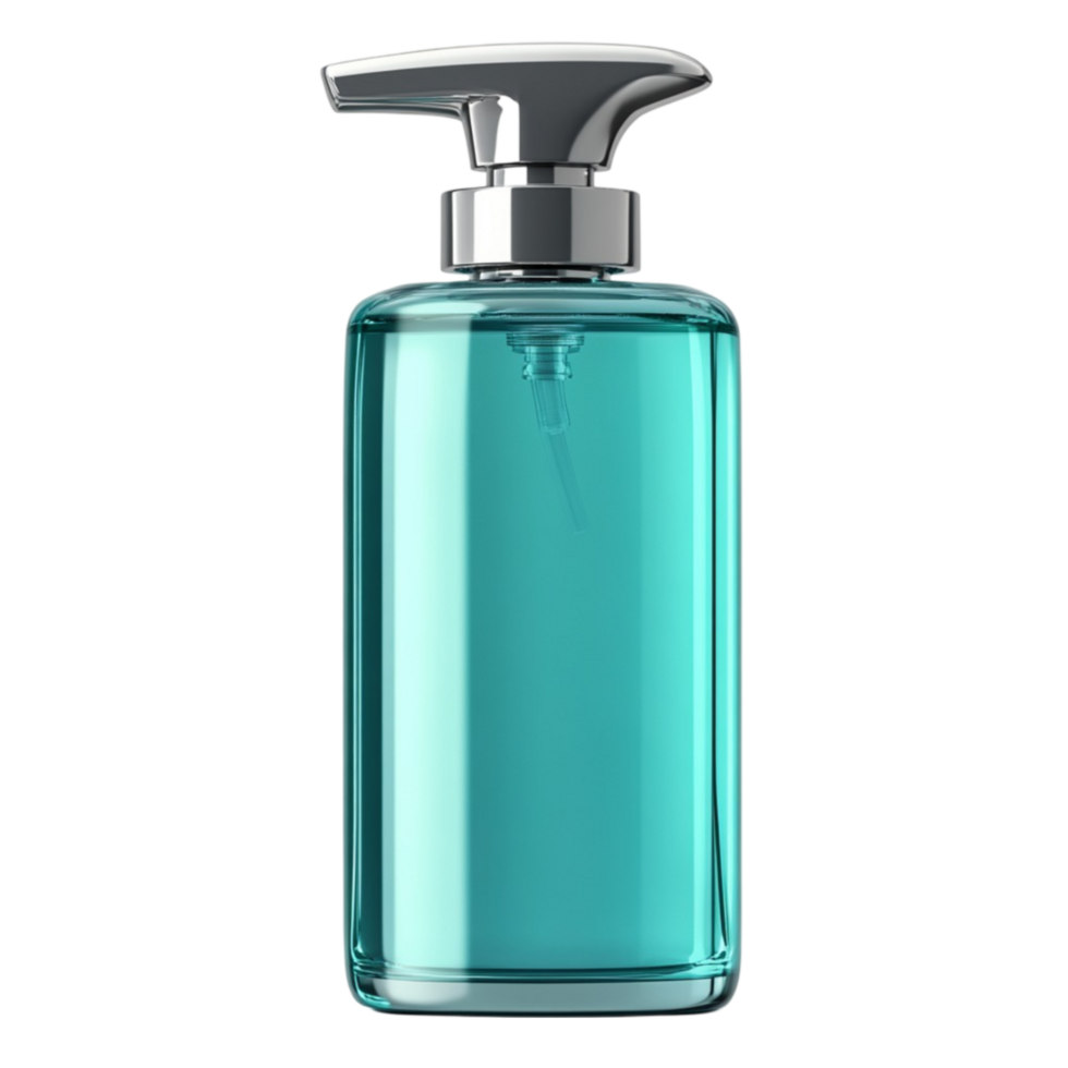 Transparent cyan-colored liquid soap bottle with silver pump dispenser and sleek design png