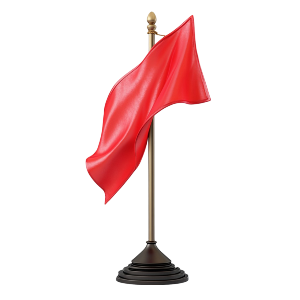 Red flag waving on flagpole with black base on transparent background png