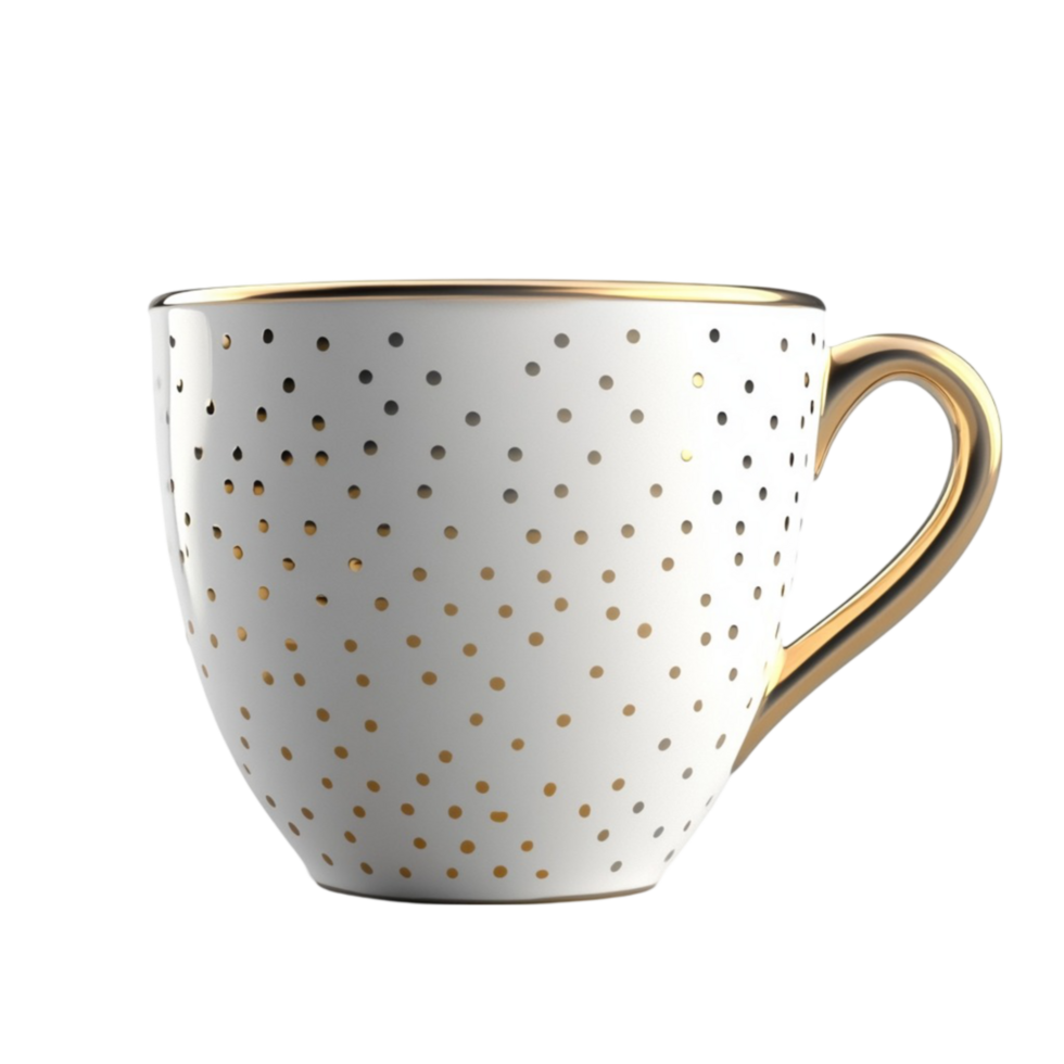 3D rendering of white ceramic cup with gold rim, handle, and gold dot pattern on transparent grid background png