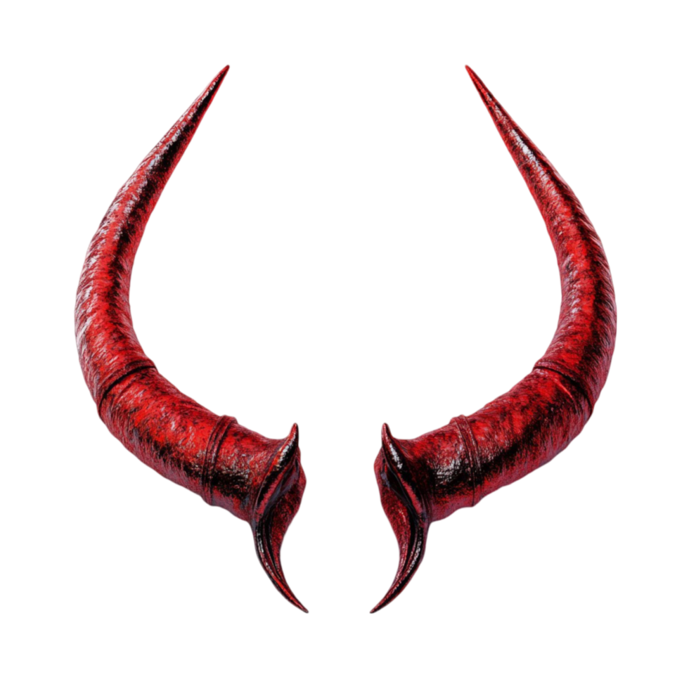 Glossy red devil horns with textured surface on transparent background png