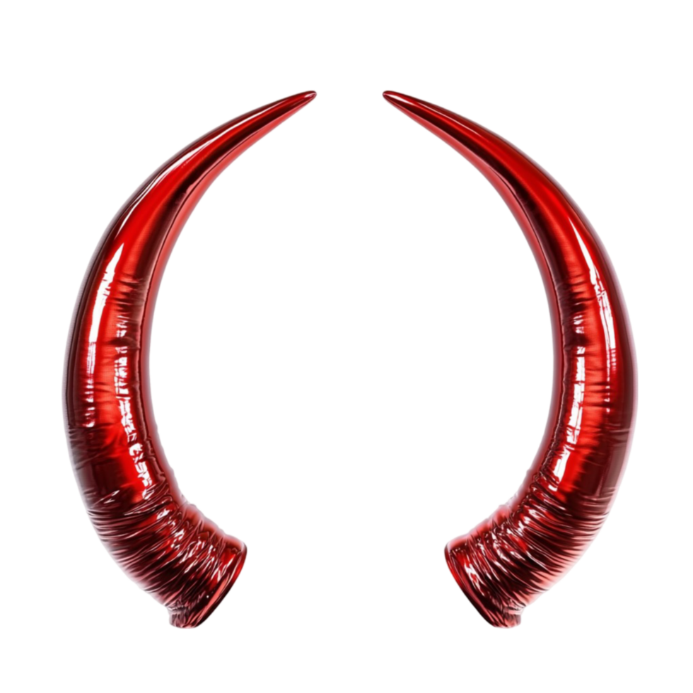 Red curved metallic horns with glossy finish on transparent background png