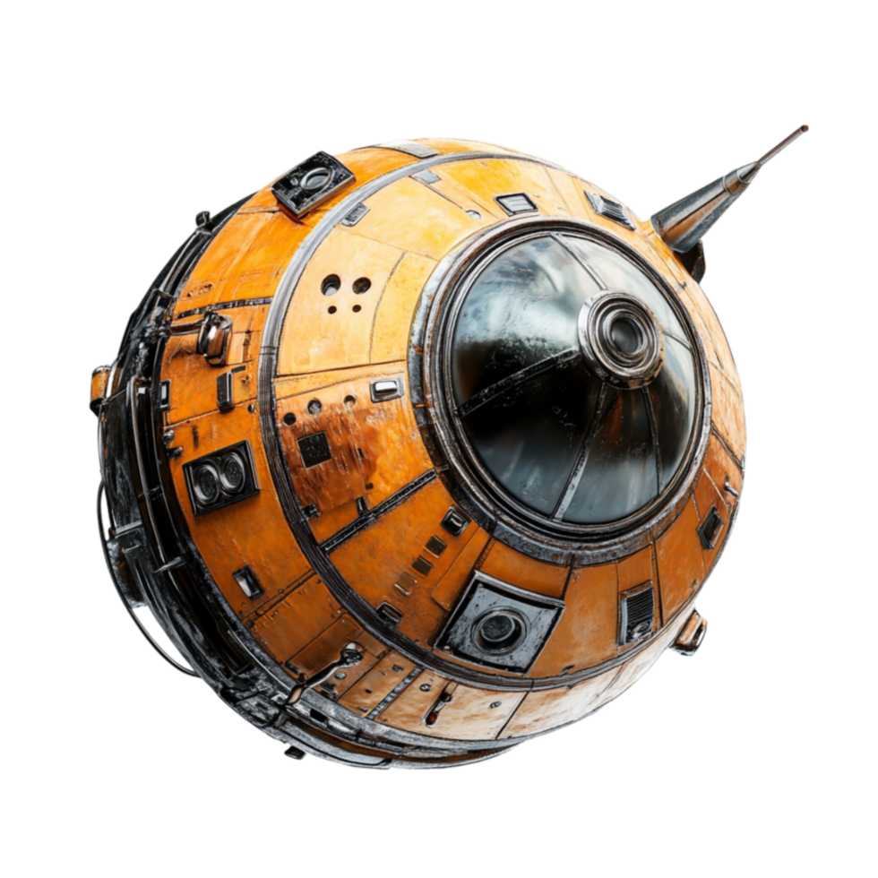 Spherical spacecraft with yellow and black color scheme, transparent window, and panels png