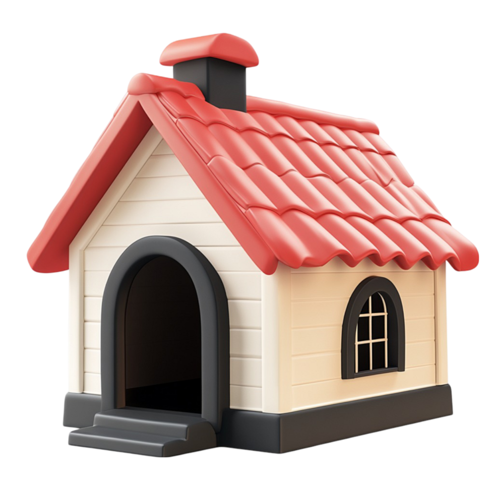 Cartoon rendering of a cute small doghouse with red tiled roof and black trim png