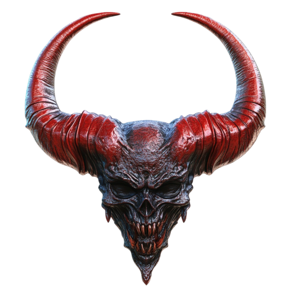 Menacing red and black demon with large curved horns and skull-like face png