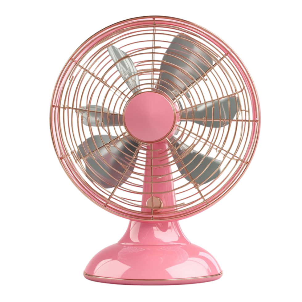 Pink table fan with metallic grill for indoor cooling png