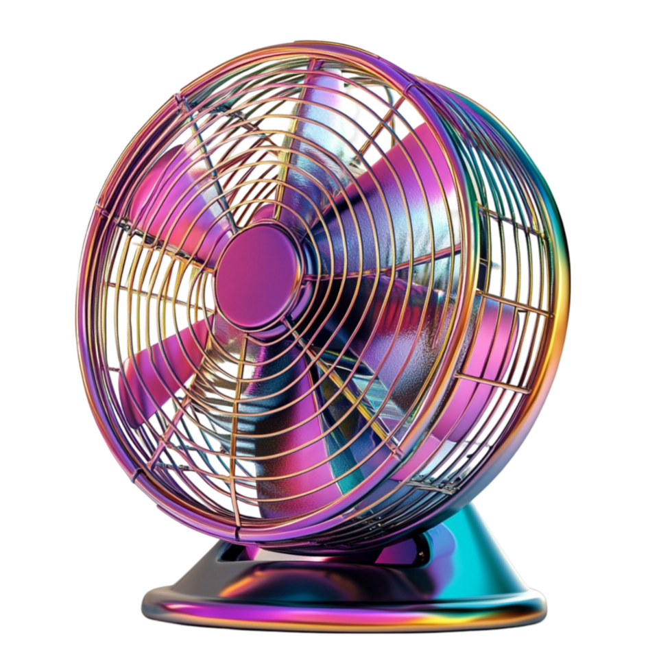Vibrantly colored electric fan with metallic base, rainbow finish, and gold blades png
