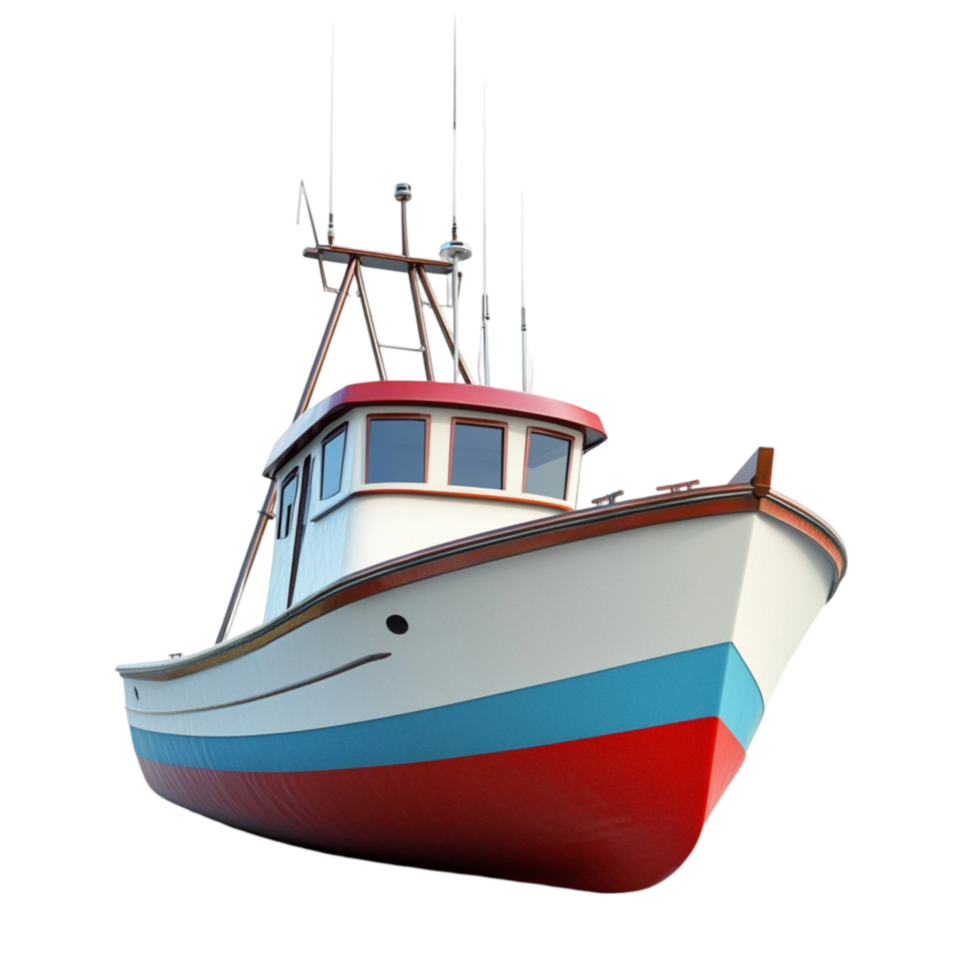 Fishing Boat with White Upper Deck and Red-Blue Hull, Equipped with Antennas and Equipment png