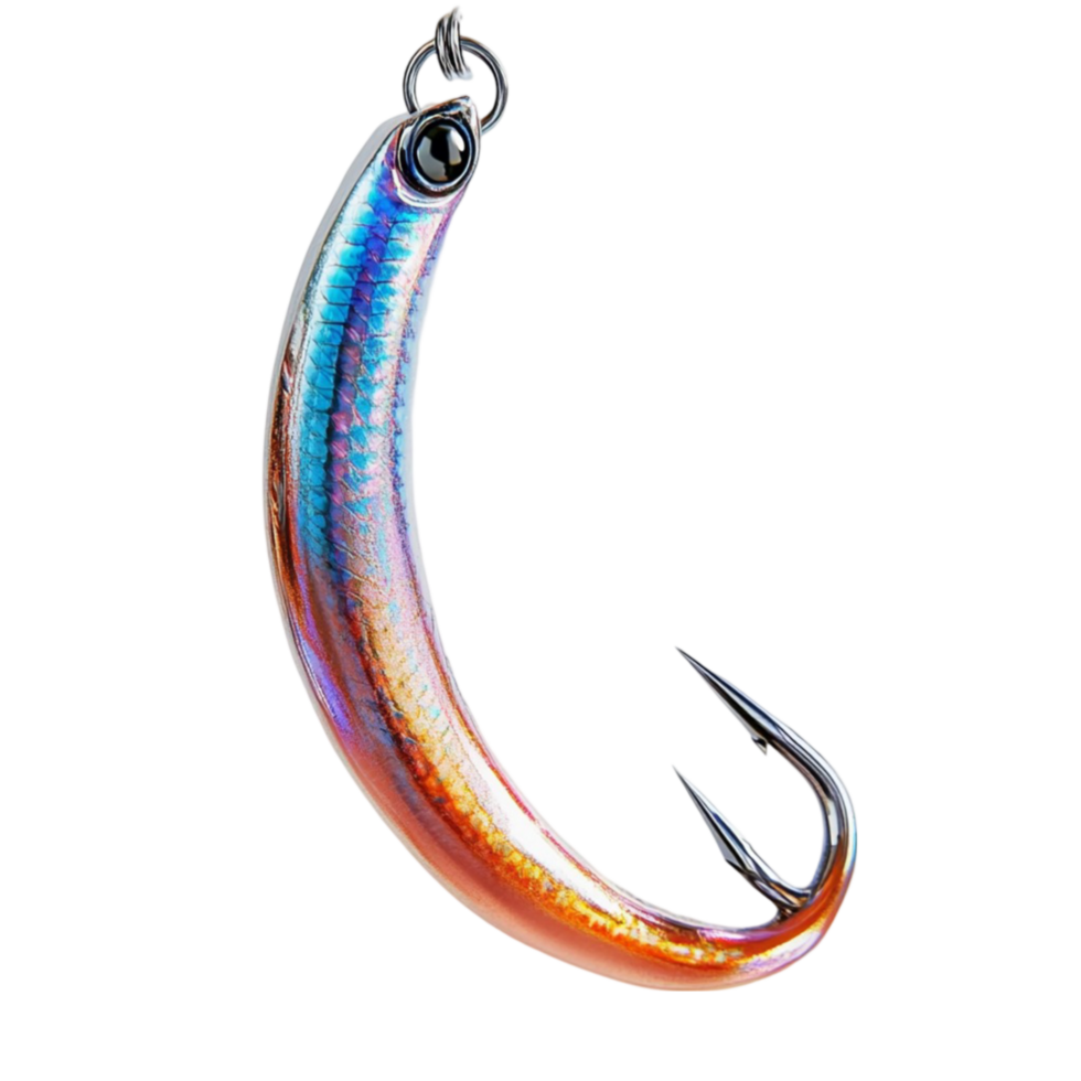 Fishing Hook with Iridescent Bait Hanging Against Transparent Background png