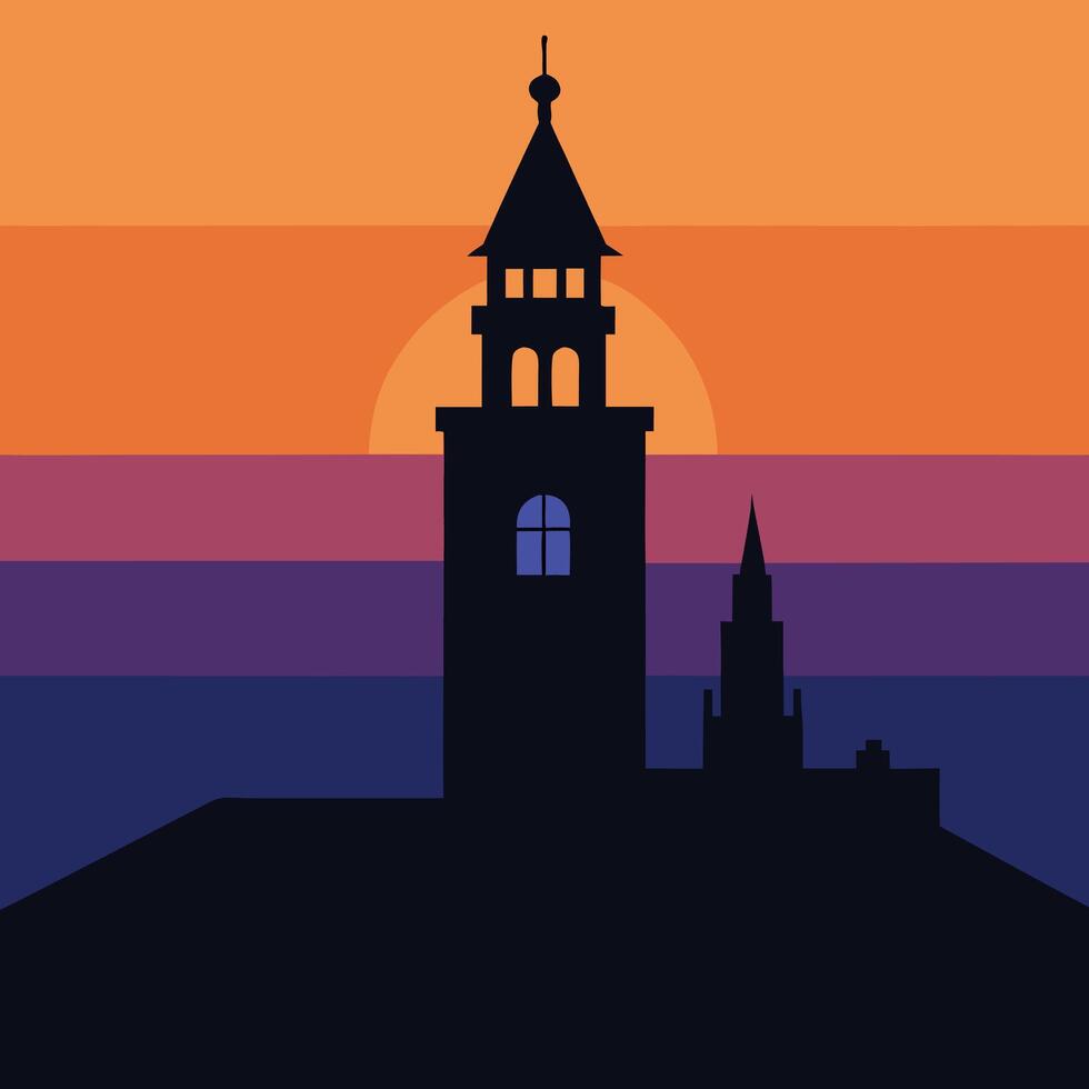 Sunset Silhouette Coastal Cityscape, Towers, and Orange Sky vector
