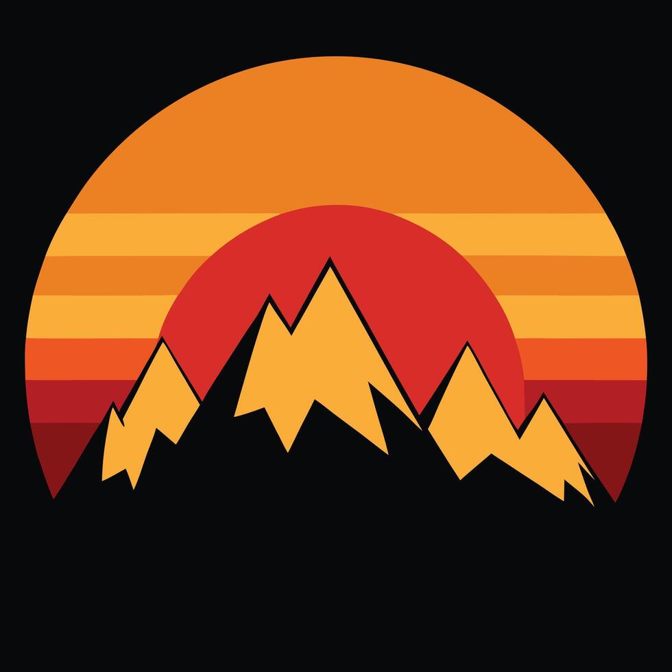 Retro Sunset Mountain Peaks Vintage Nature Landscape Graphic vector