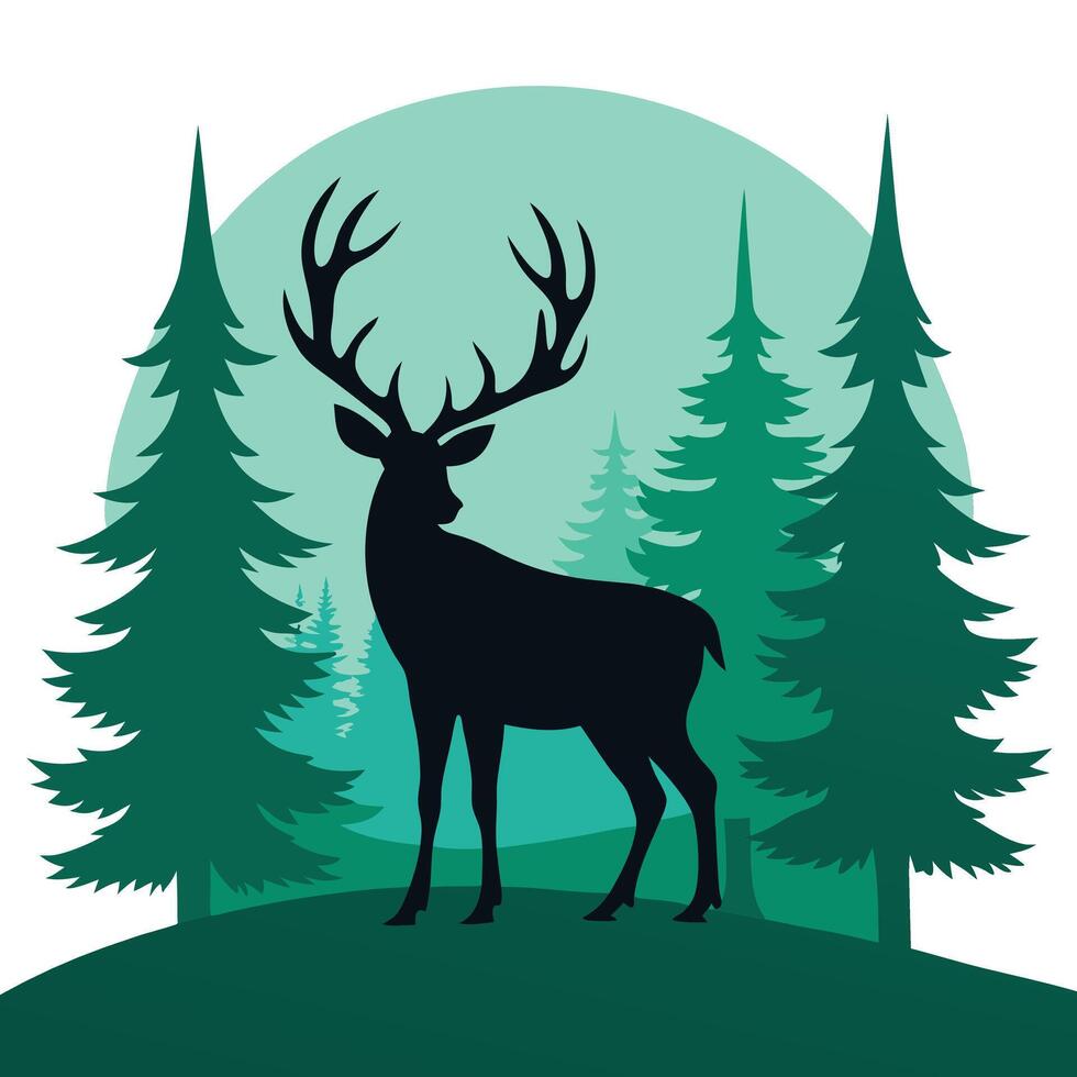 Majestic Deer Silhouette in Evergreen Forest Landscape vector