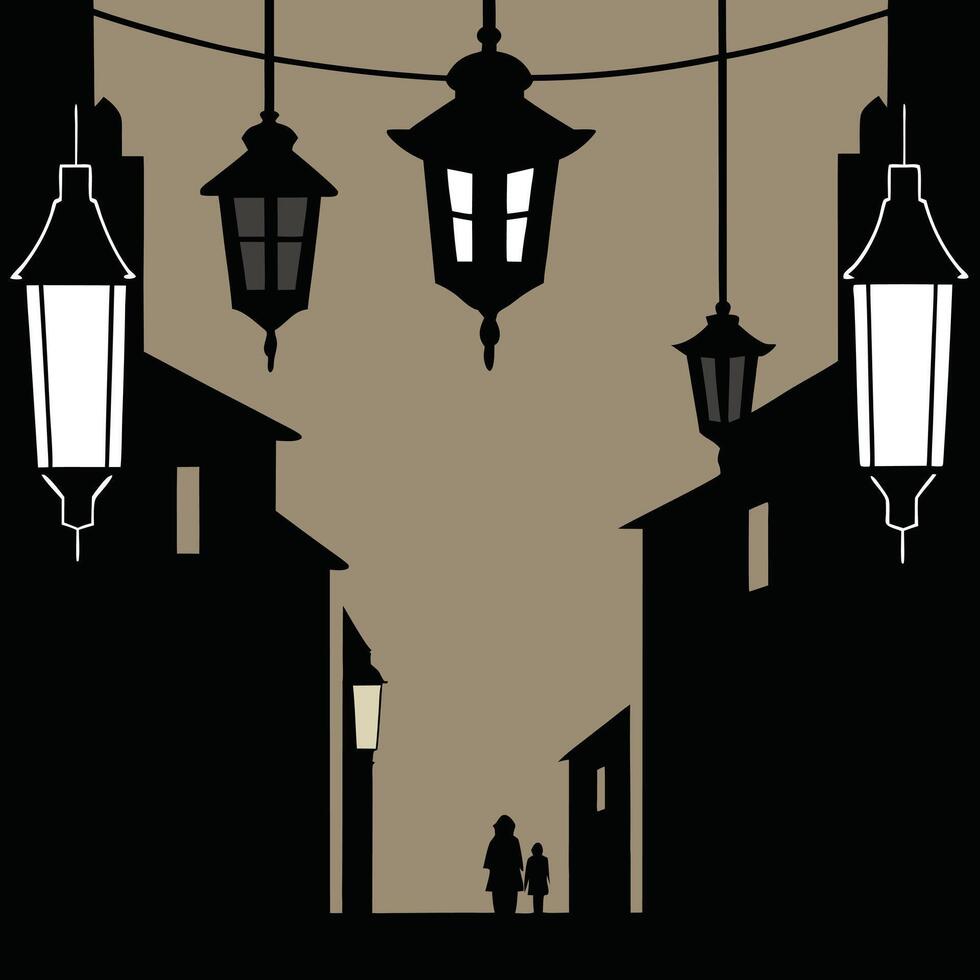 Romantic Evening Stroll Silhouette Cityscape with Hanging Lanterns vector