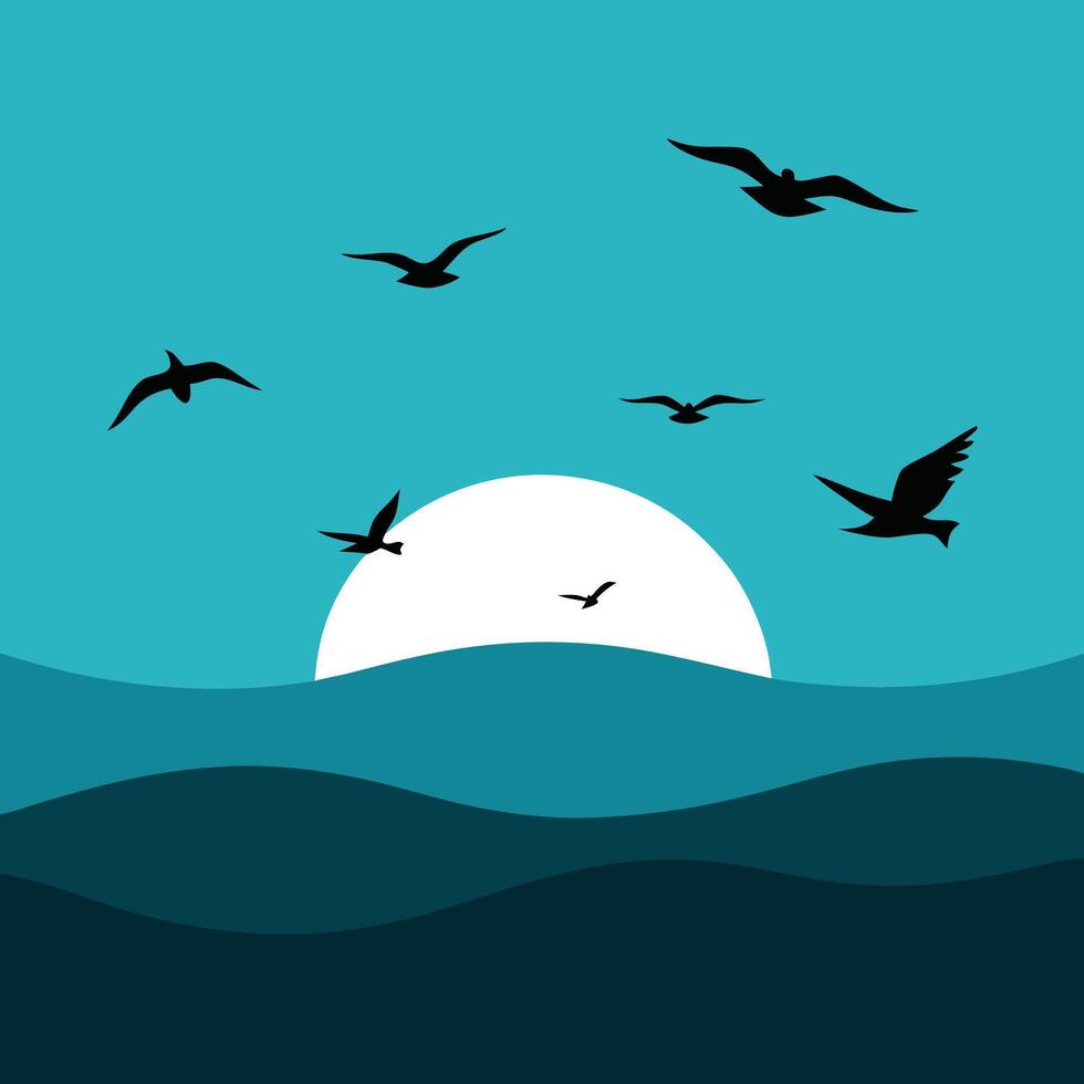 Silhouette Birds Flying Ocean Sunset Sky Seascape Scene vector