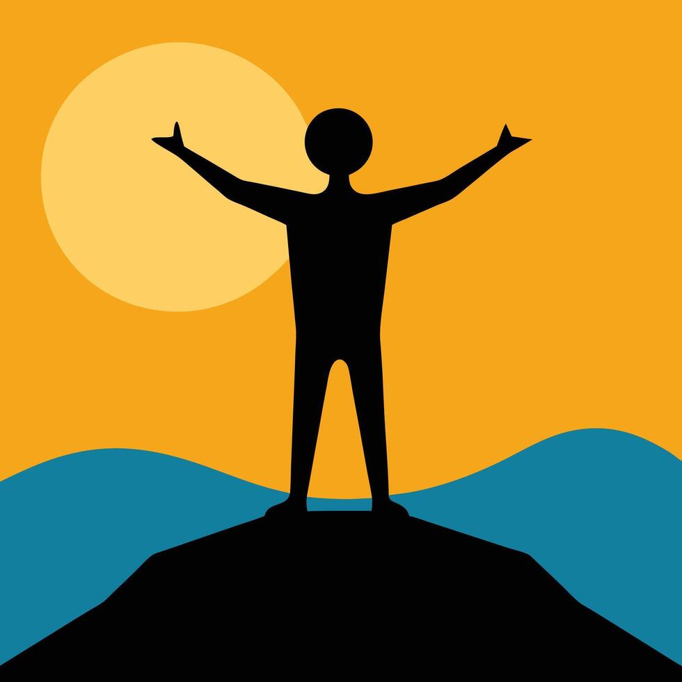 Silhouette Man Triumphant Summit Sunset Landscape Achievement Success vector