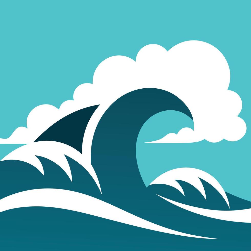 Ocean Wave Crashing Shark Fin Cloud Sky Teal Graphic Design vector