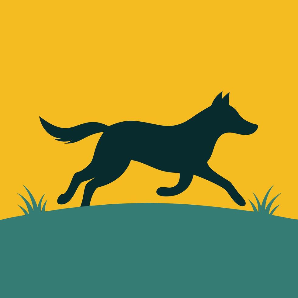 Silhouette of Running Dog, Yellow Sunset, Green Grass vector