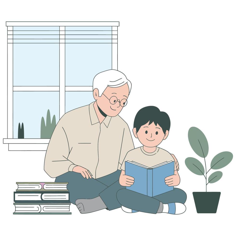 Grandfather and Grandson Enjoying Quality Time Reading Together vector