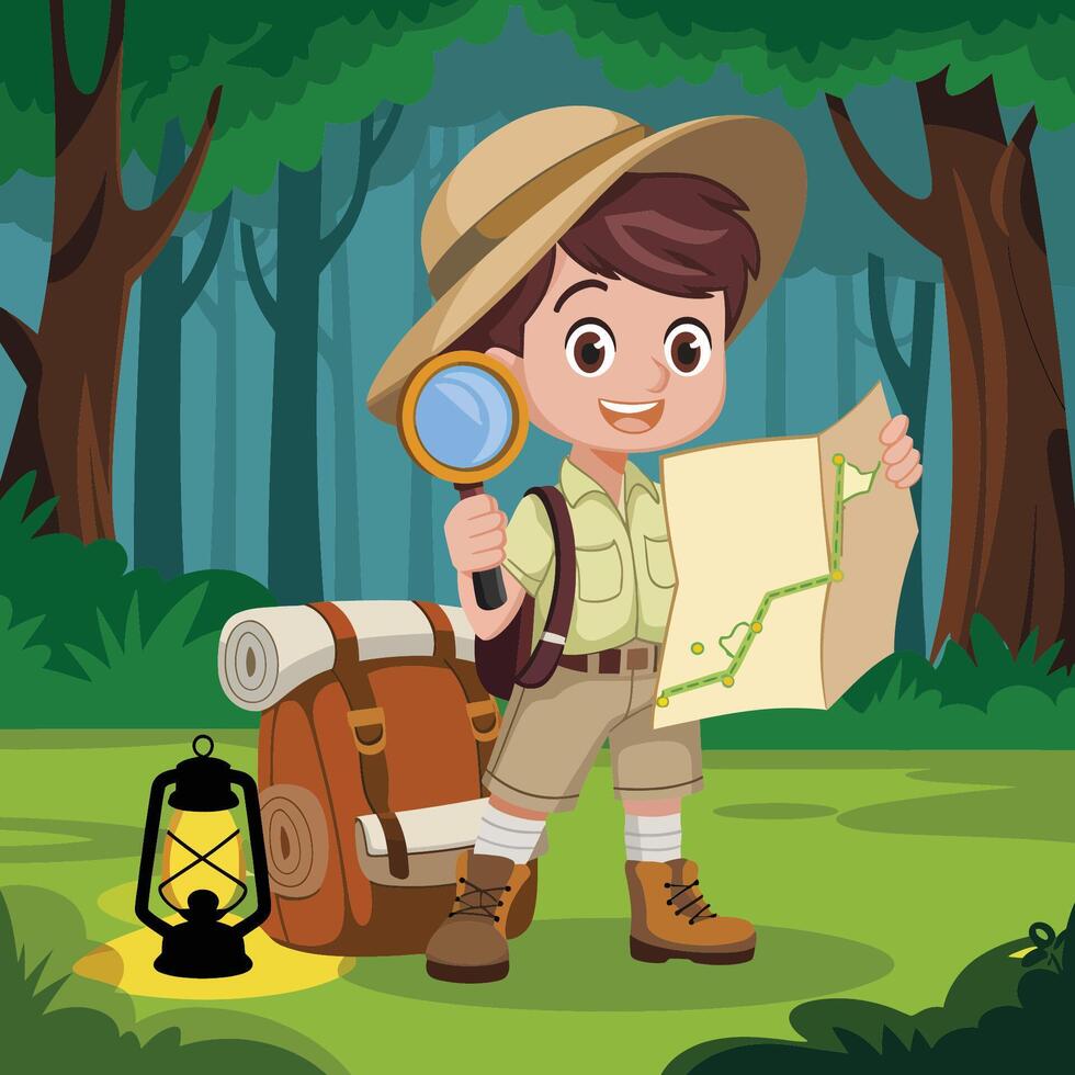 Happy Child Explorer in a Lush Forest with Map and Magnifying Glass vector