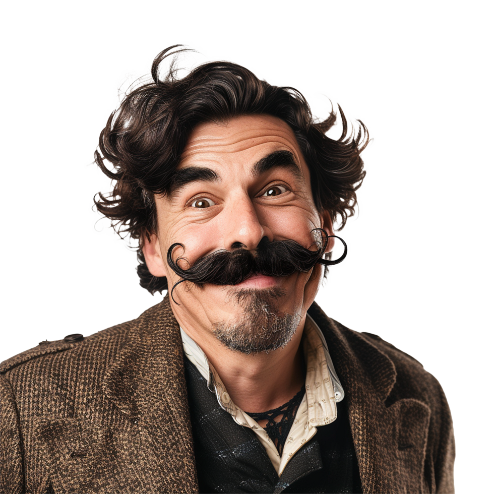 Man with a large handlebar mustache smiles broadly happy expression curly hair brown coat png