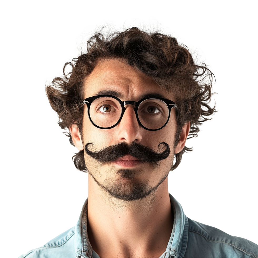 Man with curly hair handlebar mustache and glasses png