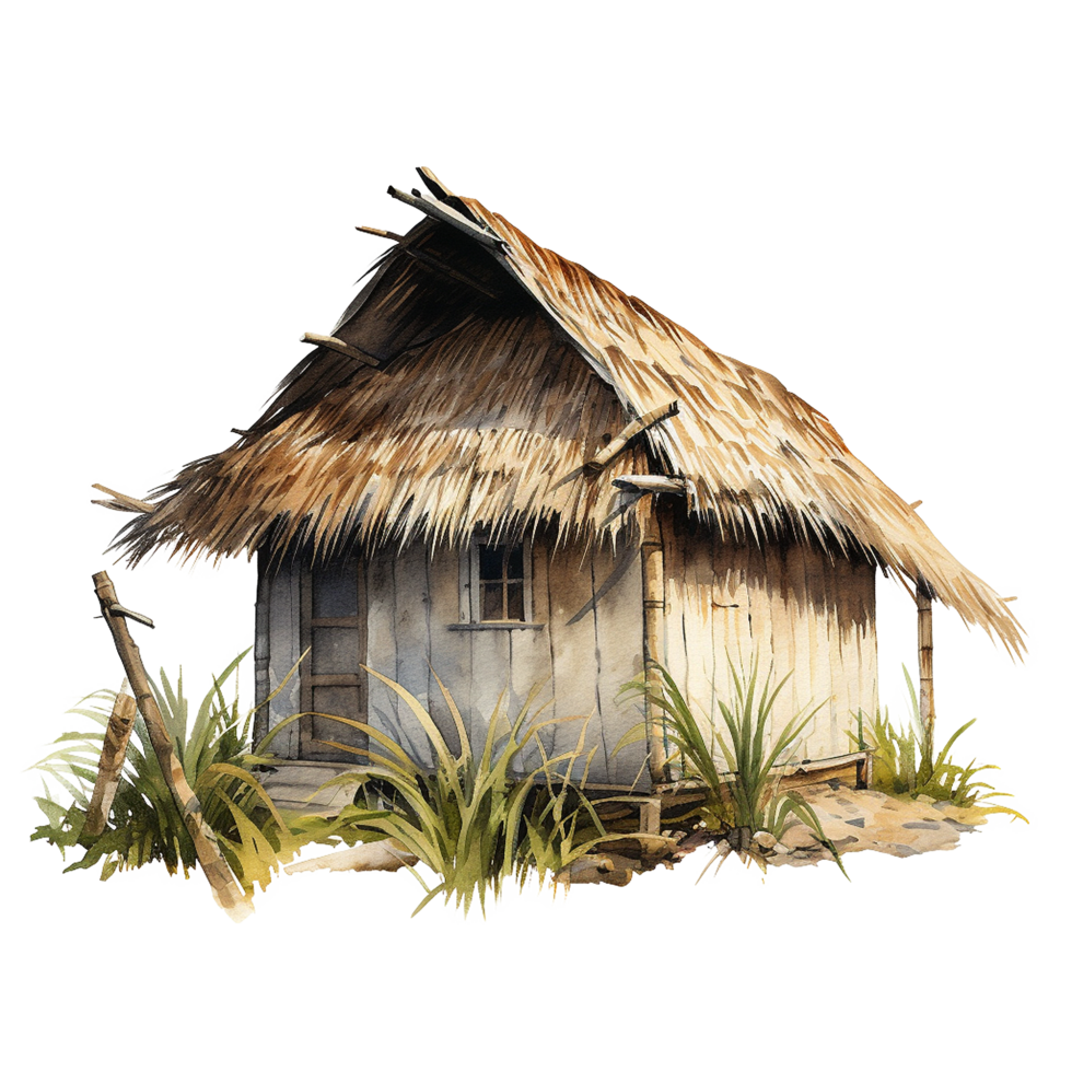 Rustic Thatched Hut Watercolor Painting Tropical Landscape png
