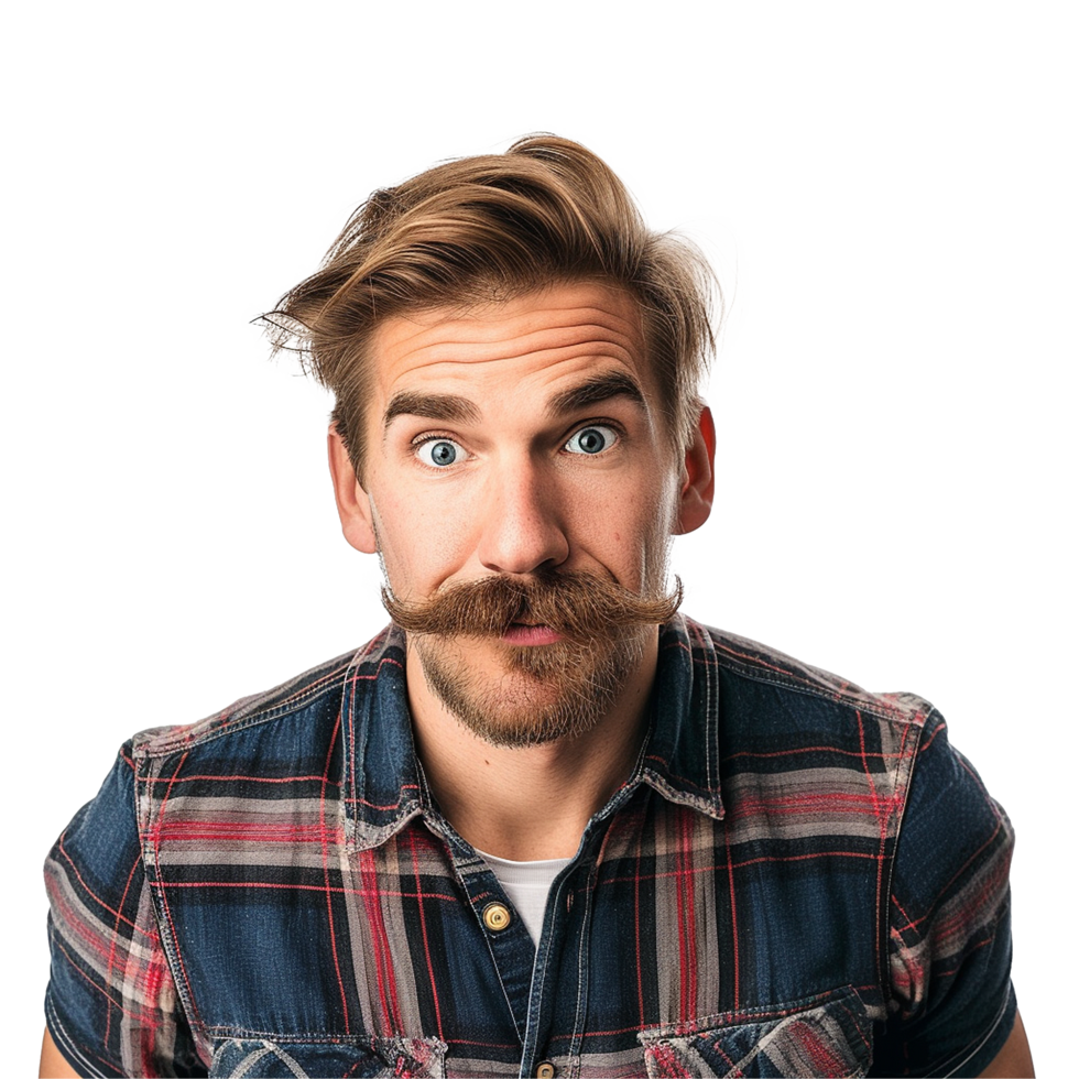 Man with handlebar mustache surprised expression plaid shirt png