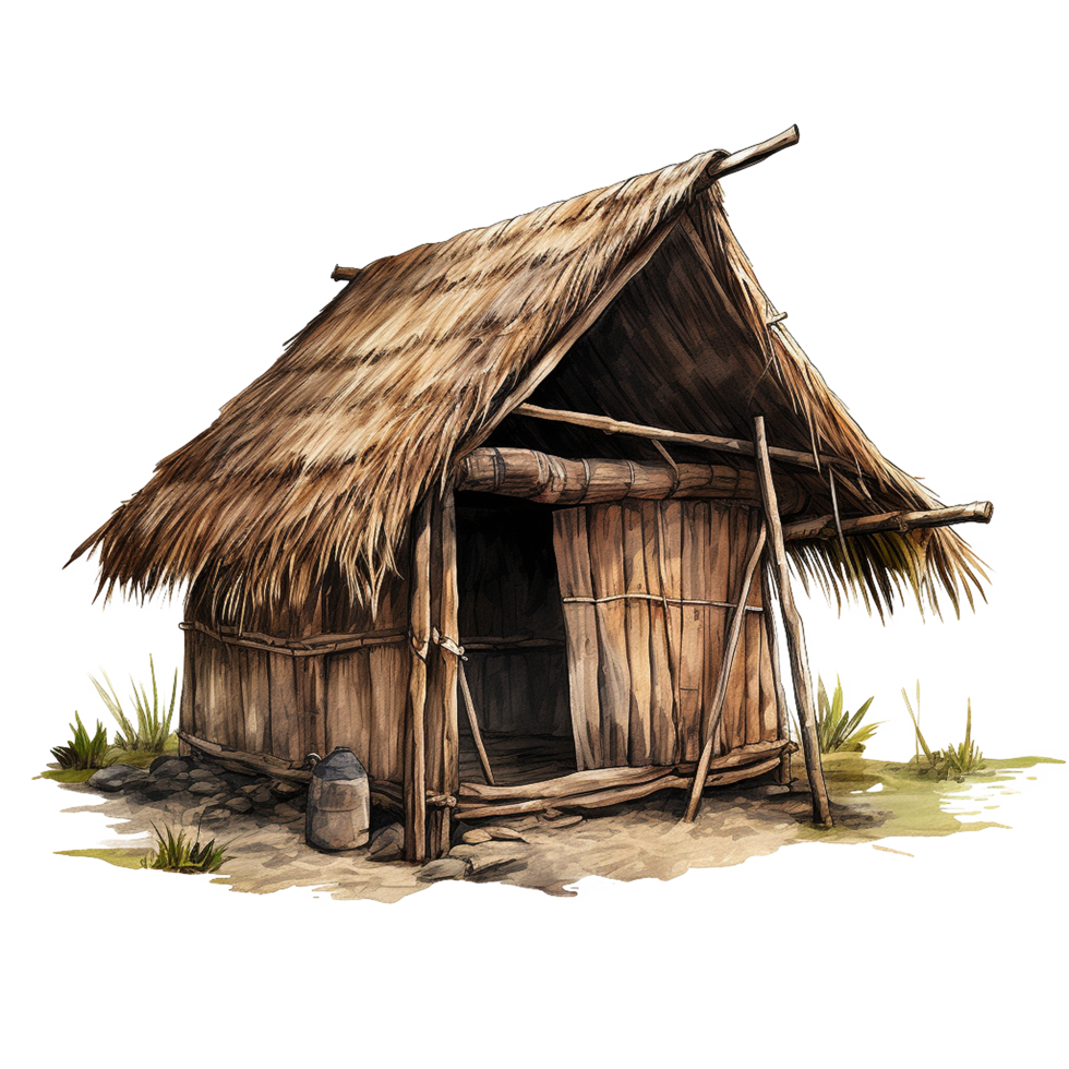 Rustic Thatched Roof Hut Simple Wooden Structure Rural Setting png