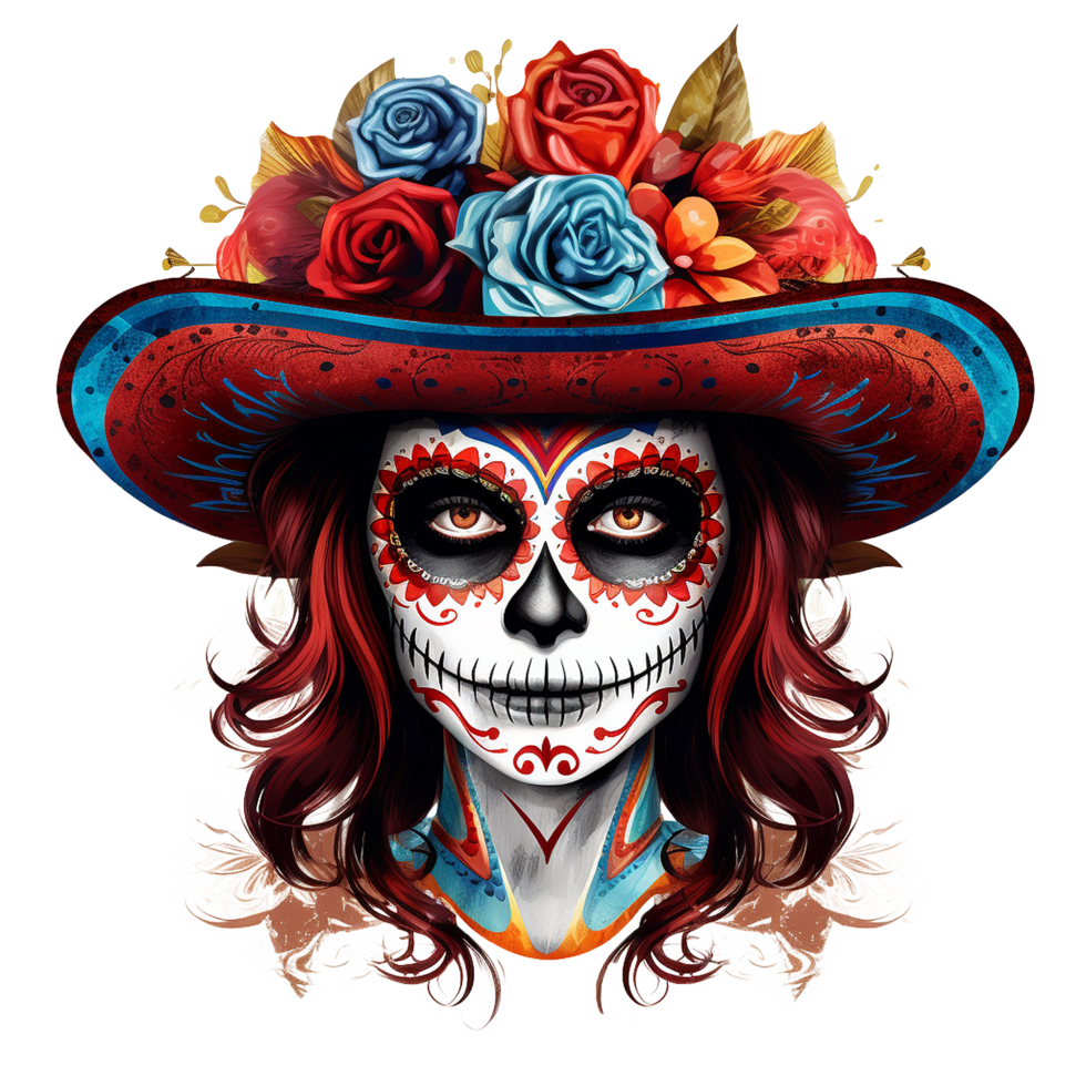 Calavera Catrina with Red Hair and Floral Hat Day of the Dead art png