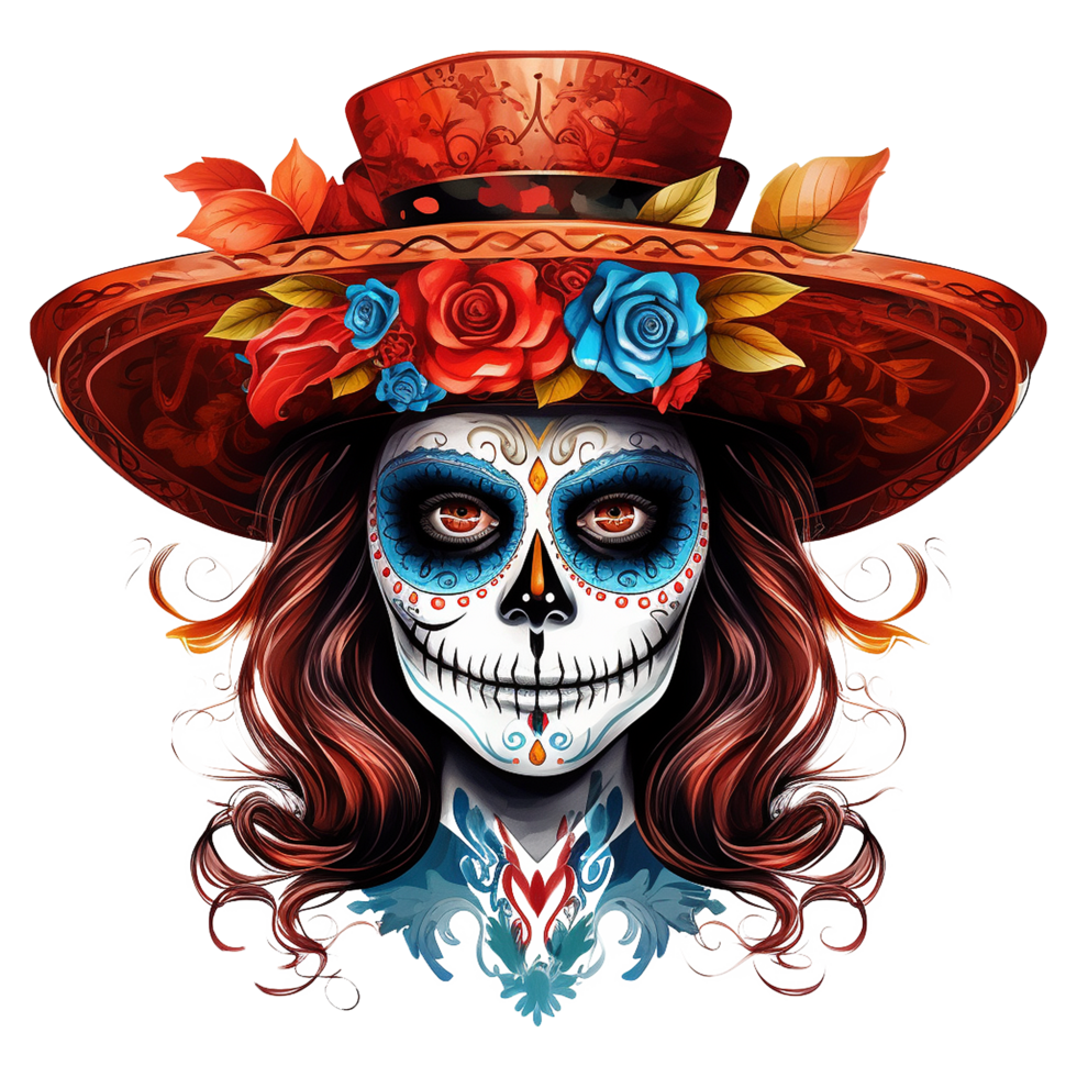 Calavera Catrina Sugar Skull Woman Red Hat Day of the Dead png