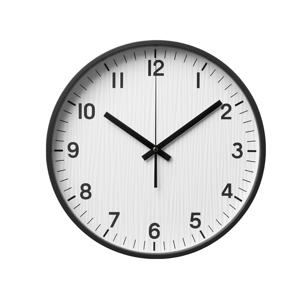 Modern wall clock showing the time black and white design minimalist style png
