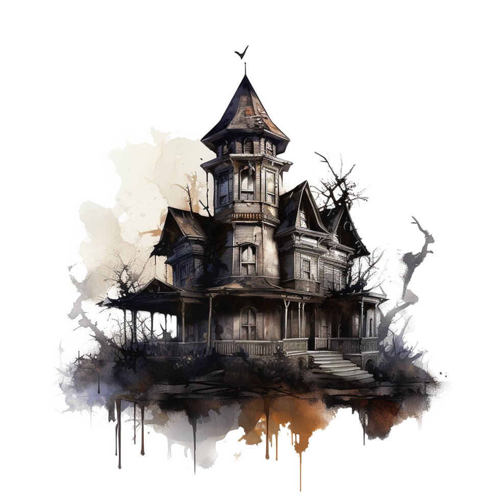 Haunted Victorian Mansion Dark Watercolor Painting Spooky House png