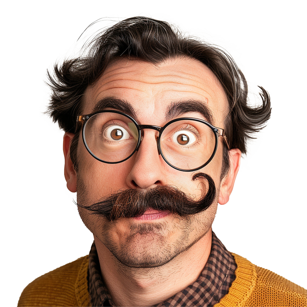 Surprised man with handlebar mustache and glasses png