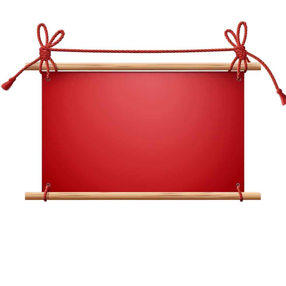 Red banner hanging with wooden dowels and red ropes tied in bows png