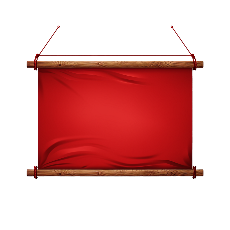 Red fabric banner hanging on wooden bar red background announcement template png