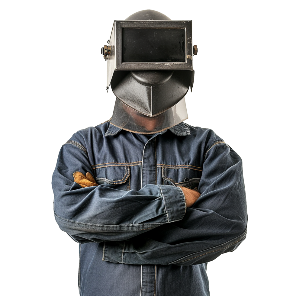 Welder with arms crossed wearing protective helmet png