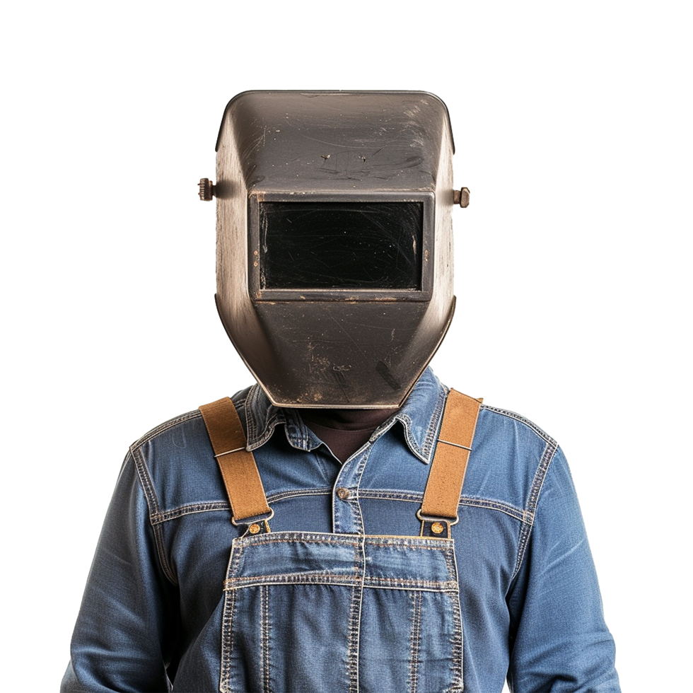 Welder in Denim Overalls Wearing Protective Mask png