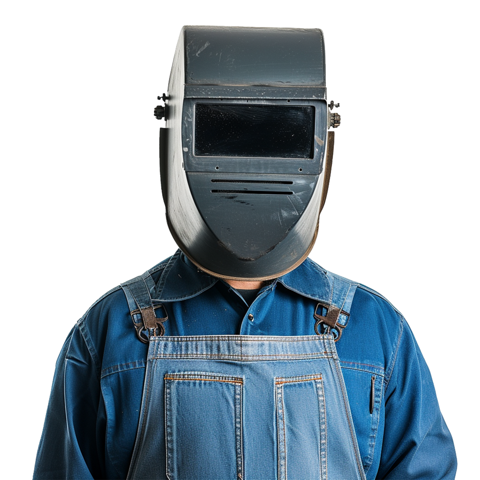 Welder in Denim Overalls Wearing Protective Mask, png