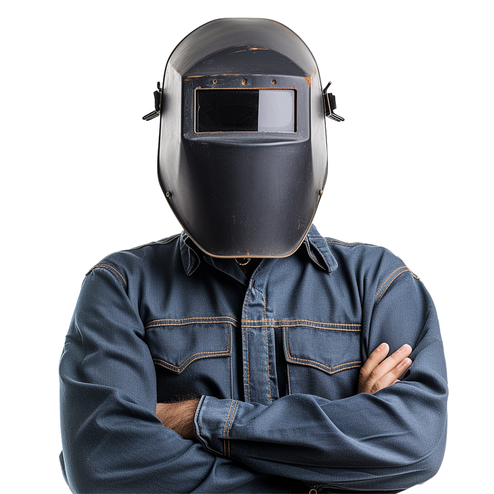 Welder in Denim Jacket Wearing Welding Mask Safety Protection png