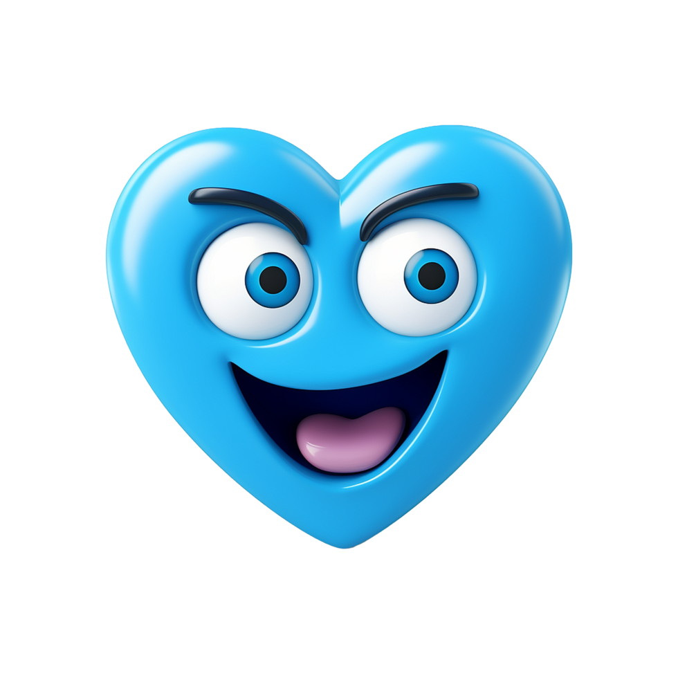 Happy blue heart emoticon playful expression 3D rendering, png