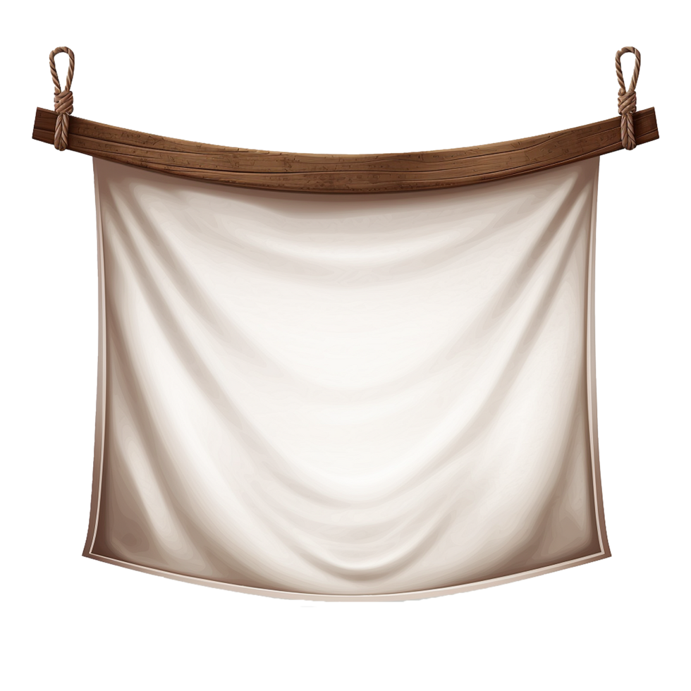 Blank beige fabric banner hanging on wooden bar with rope png