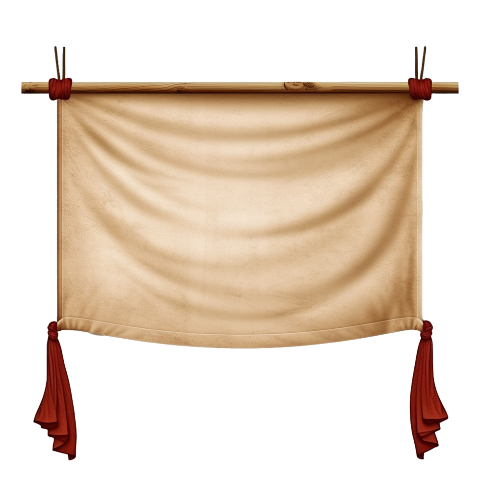 Beige Fabric Banner Wooden Hanger Red Tassels Blank Template png